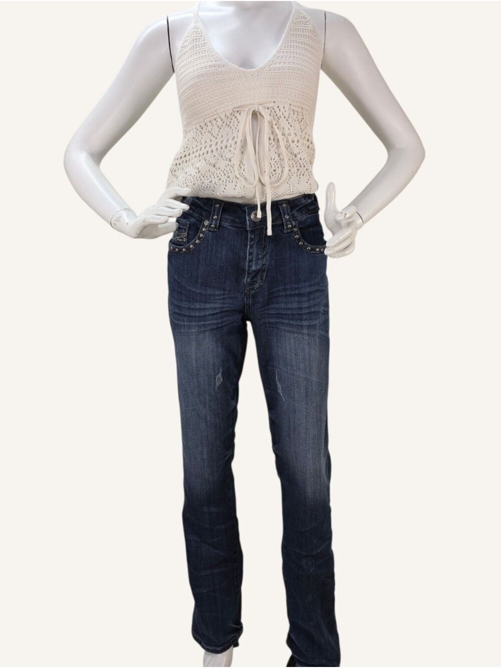 Cowgirl Tuff Co. Silver Mustang Dark Wash Studded Distressed Bootcut Jeans 30x35
